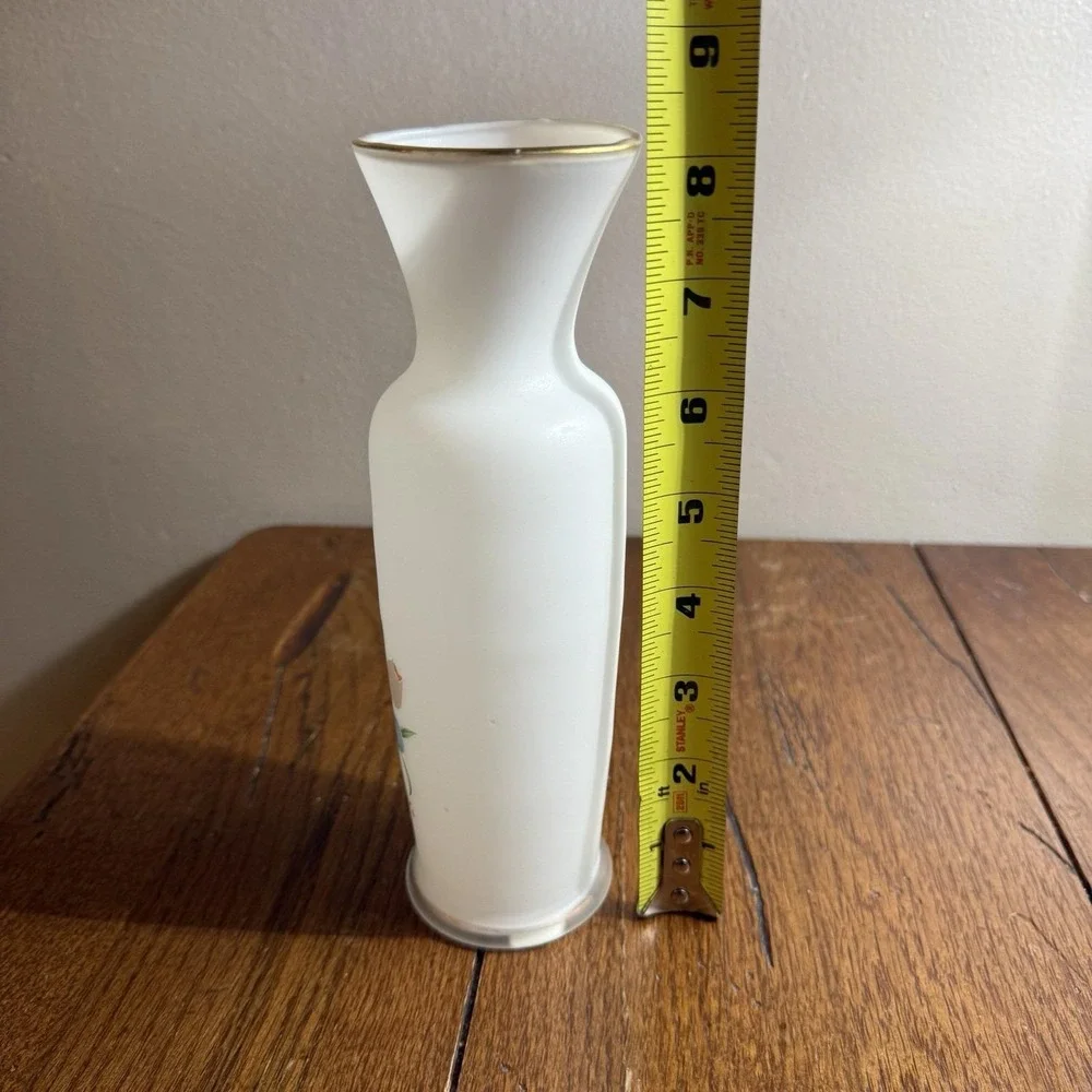 Vintage White Satin Glass Vase Butterfly Flowers Japan  Gold Trim‎ 8